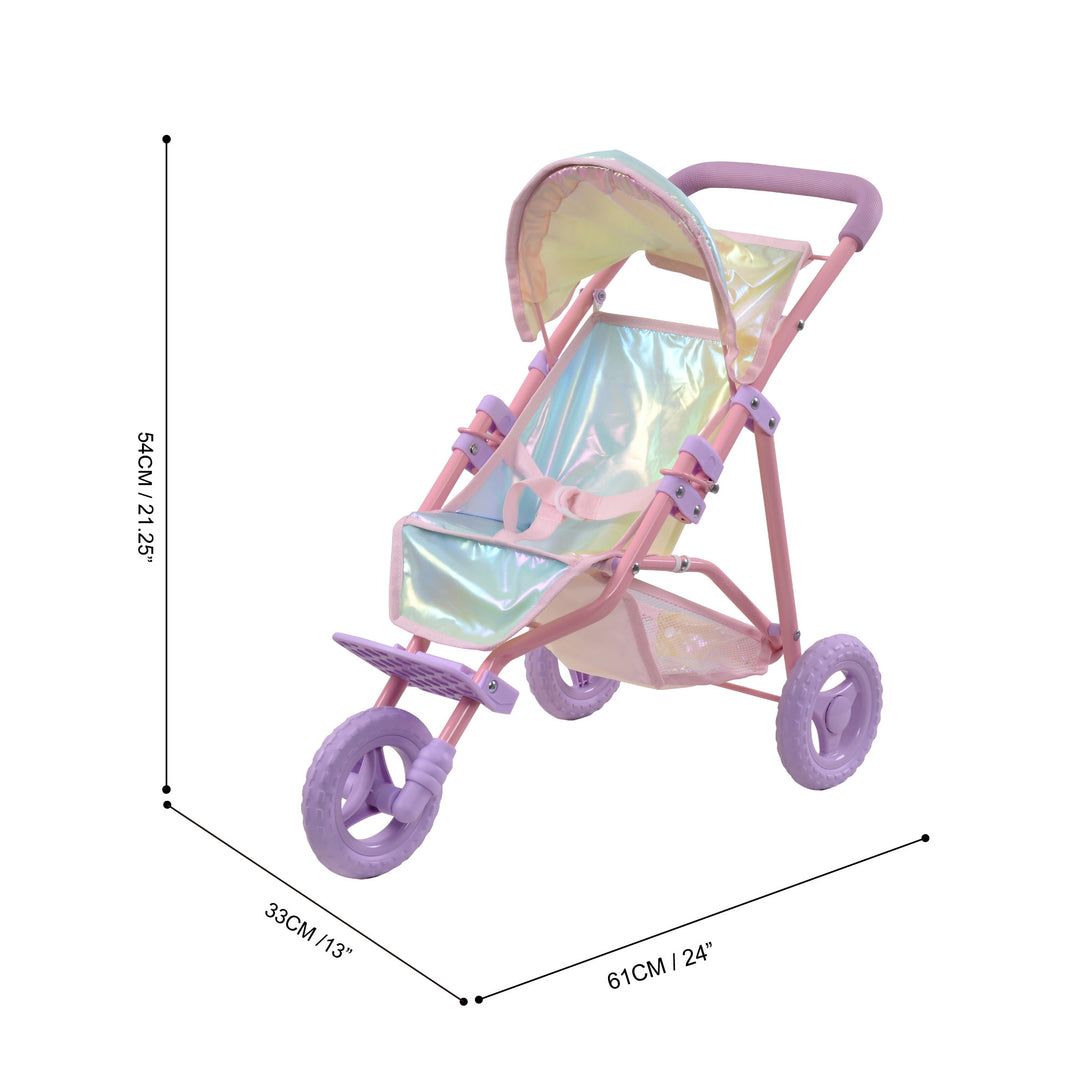 An iridescent baby doll jogging stroller's dimensions in inches and centimeters.
