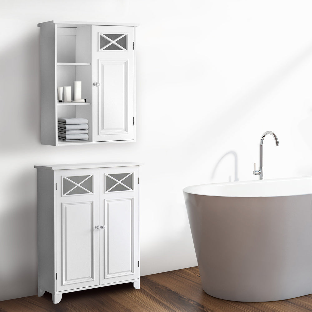 Dawson Removable Wooden Wall Cabinet with Open Shelving - White in a bathroom over a floor cabinet next to a freestanding tub