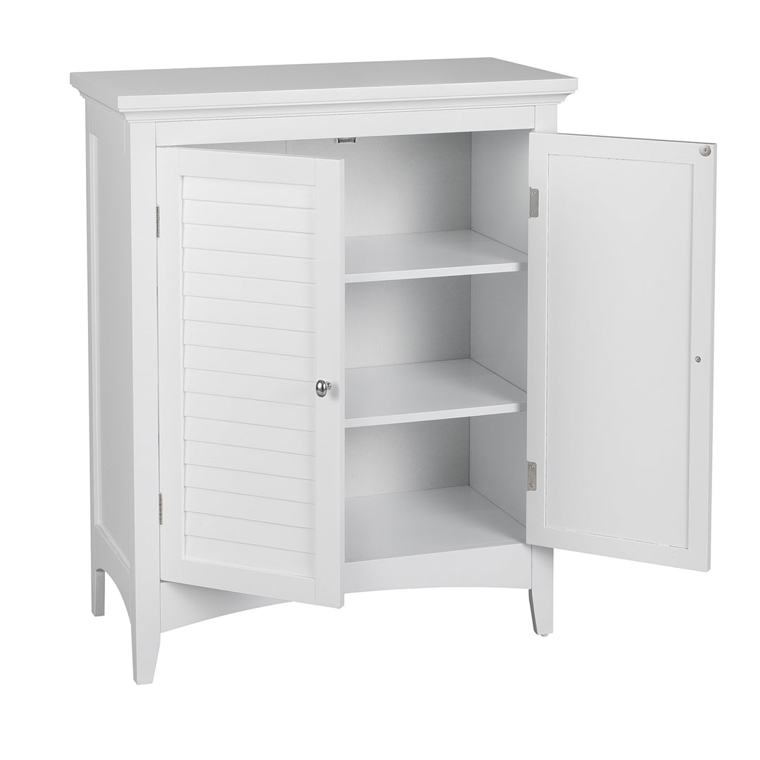 A White Glancy 2-Door Floor Cabinet with Louvered Doors, Chrome Knobs with the doors open, revealing two interior shelves