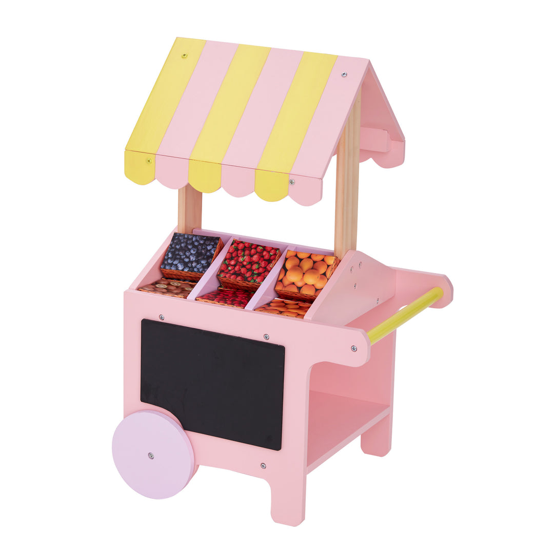 A Olivia's Little World Modern Nordic Princess Doll Pastry Cart with Fruit Boxes, Pink and yellow, with a chalkboard on it.