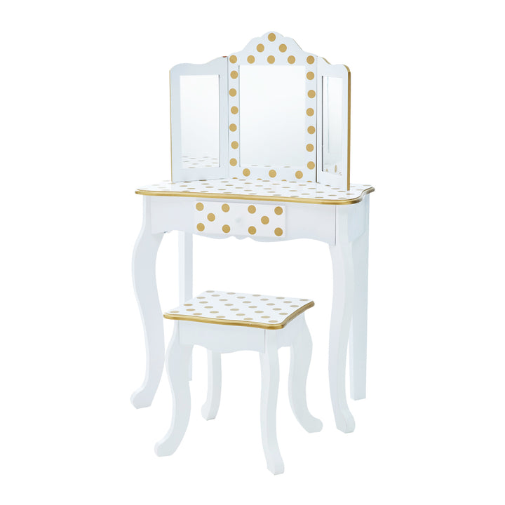 A Teamson Kids Gisele Polka Dot Vanity Playset, White / Gold with a mirror and stool.