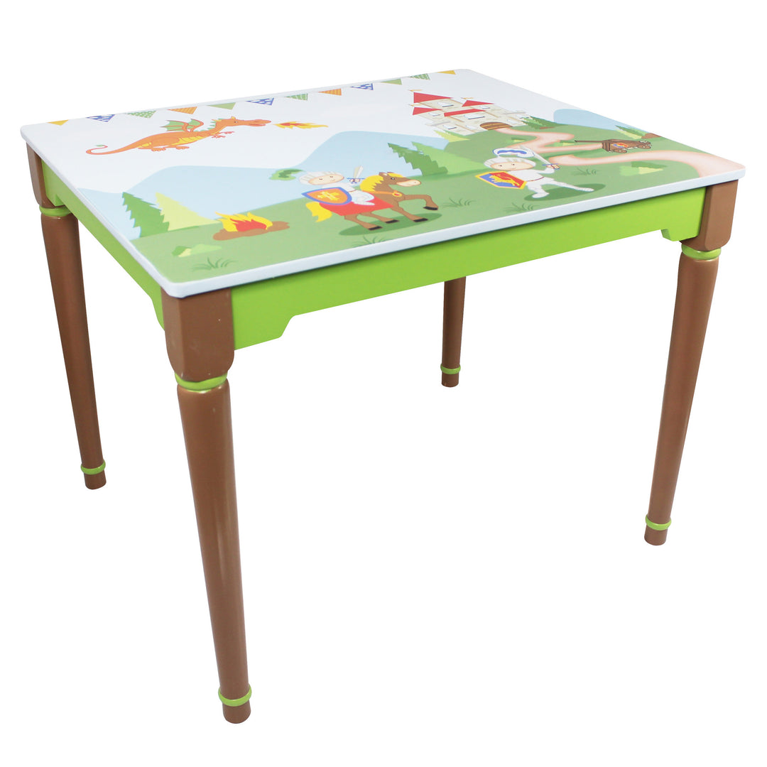 A Fantasy Fields Kids Painted Wooden Knights and Dragons Table, Multicolor with a green and white design.