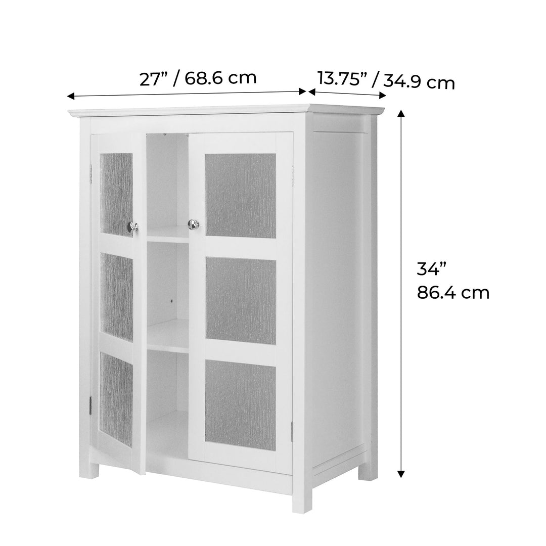 Teamson Home Connor 2 Door Floor Cabinet with dimensions in inches and centimeters