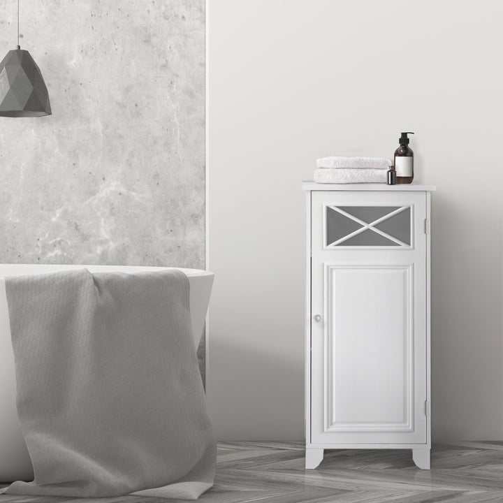 Teamson Home Dawson Floor Cabinet, White in a bathroom next to a bathtub
