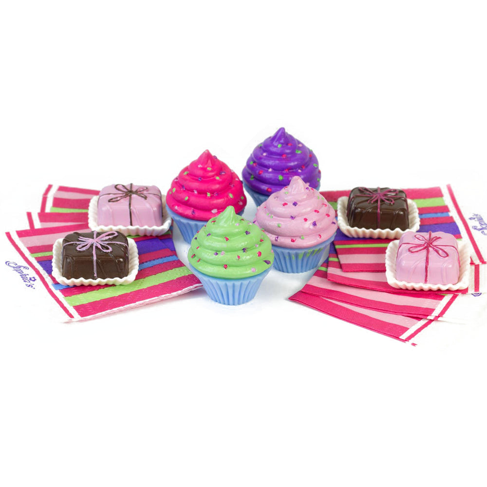 Brightly colored and realistic petit fours, cupcakes and napkins for 18" dolls.