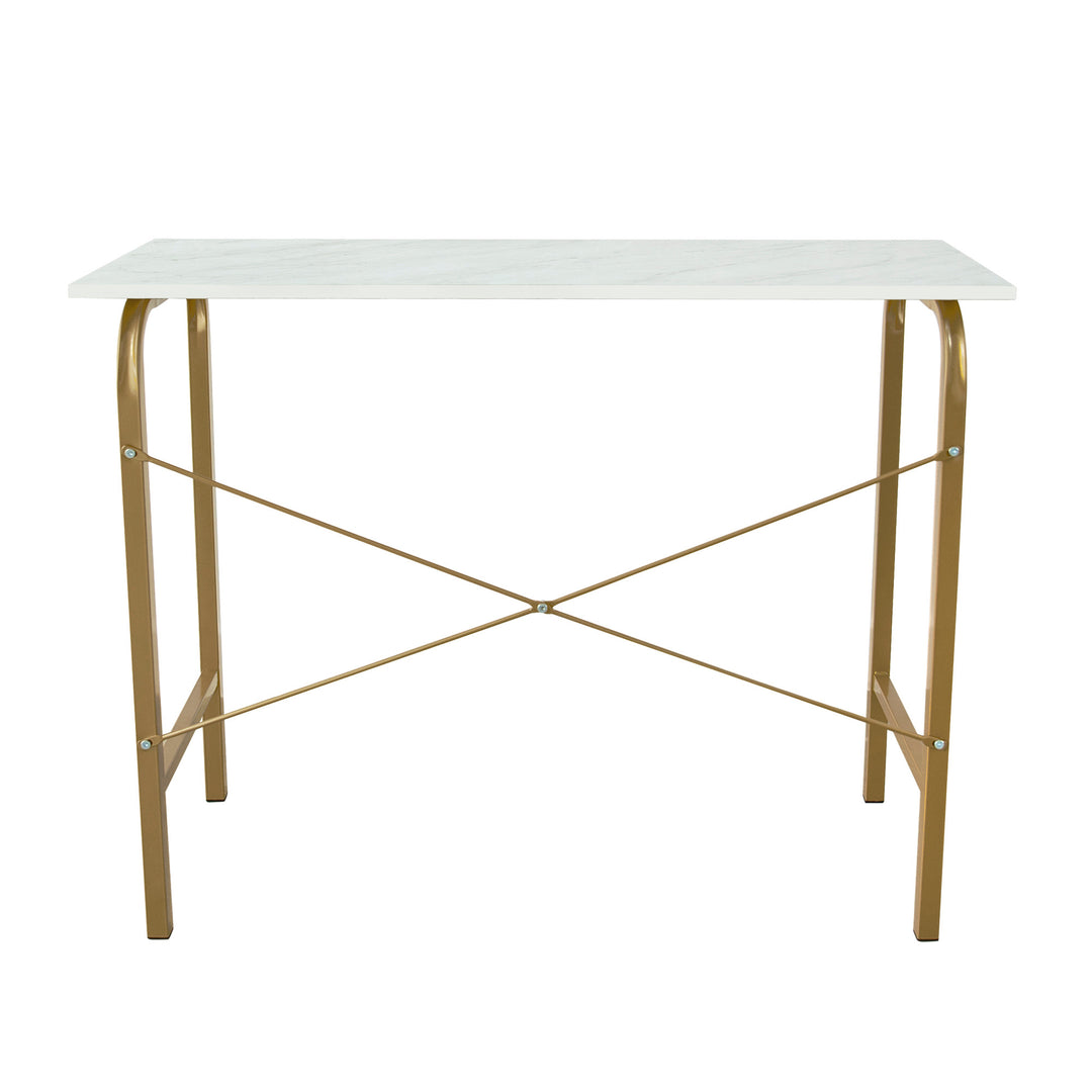 A white and gold Teamson Home 40" Home Office Computer Desk with Metal Base, Faux Marble/Brass.