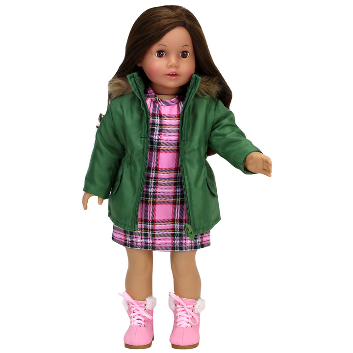 Sophia’s Complete Fall Outfit with Plaid Long-Sleeved Dress, faux fur-Trimmed Parka, & Lace-Up Booties for 18” Dolls, Pink/Green