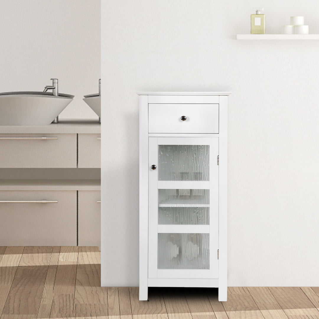 A bright room with a Teamson Home Connor Floor Cabinet with Storage Drawer with a water glass panel door, in White