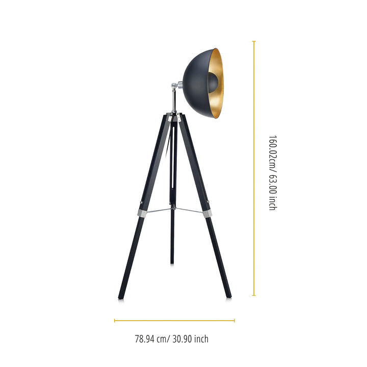 Teamson Home Fascino Modern Spotlight Tripod Floor Lamp with a black with a metallic gold interior including dimensions in inches and centimeters