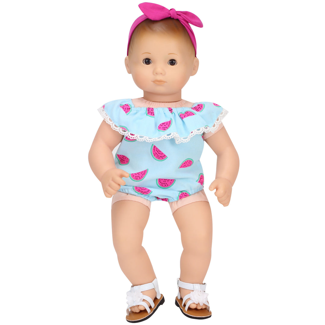 Sophia’s Watermelon Print Romper with Ruffled Pleated Lace-Trim Bib Collar & Pink Bow Headband for 15” Baby Dolls, Light Blue