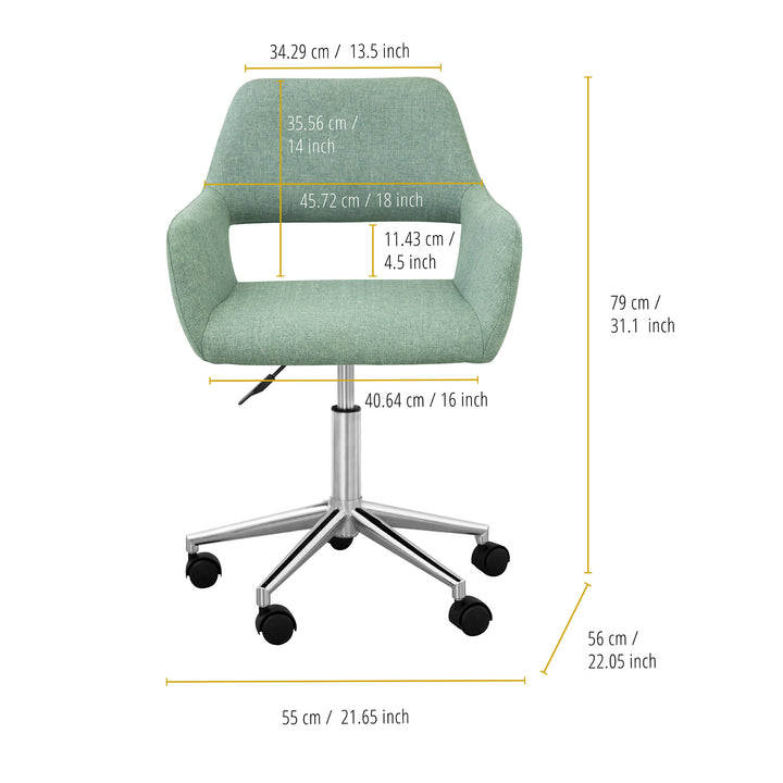 Teamson Home Modern Office Chair, Mint with dimensions listed in inches and centimeters.