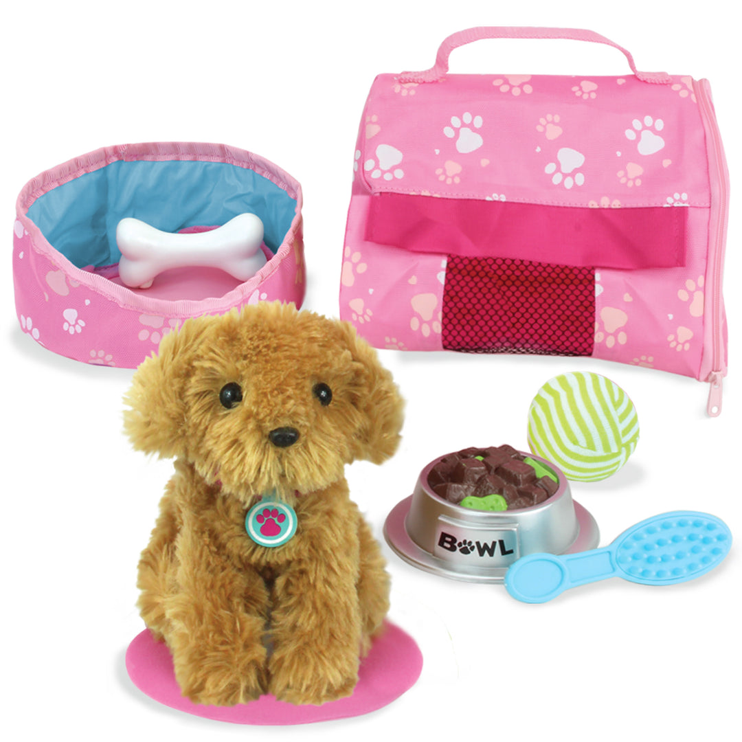 A brown puppy sized for 18" dolls with a round pet bed, bone, mat, carrier, green and white ball, faux food and a blue brush.