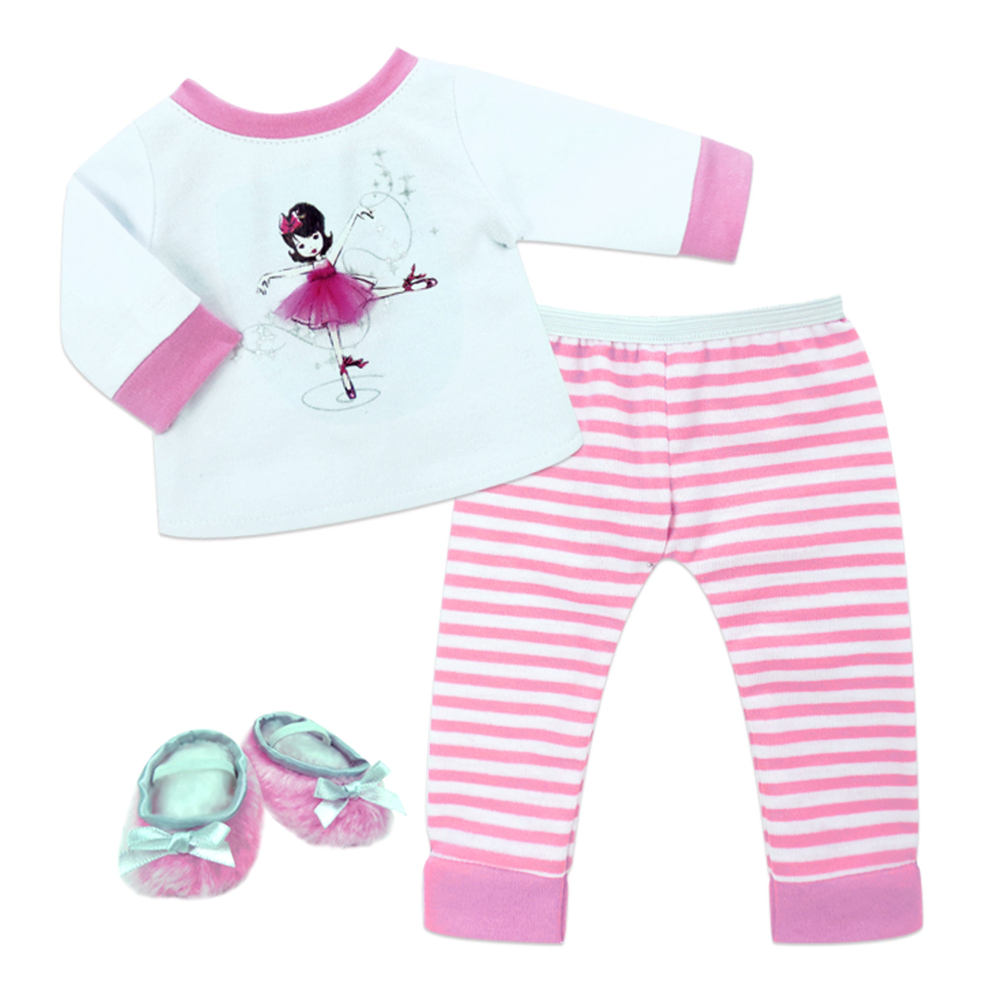 Sophia’s Long-Sleeved Ballerina Design Sleep Tee, Striped Pajama Pants, &  Fuzzy Faux Fur Slippers with Silver Bows Complete Outfit Set for 15” Baby