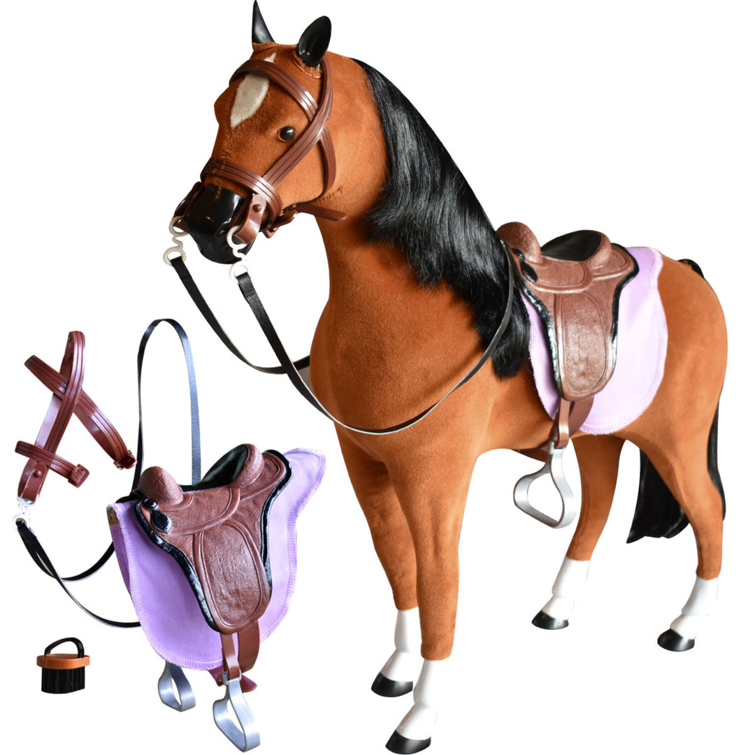 A brown horse with black hair sized for 18" dolls with accessories a bridle, a saddle, and brush.