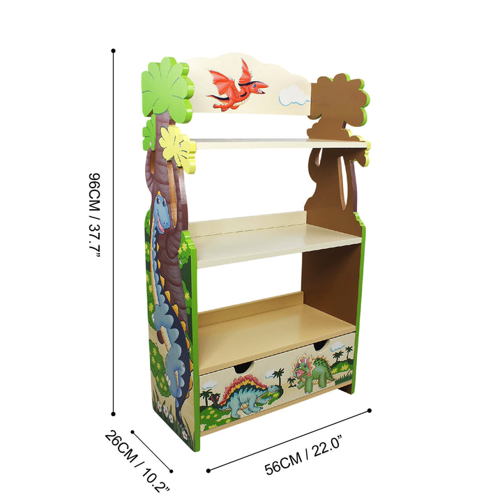 A Fantasy Fields Dinosaur Kingdom Bookshelf with Storage Drawer designed with a dinosaur kingdom theme.
