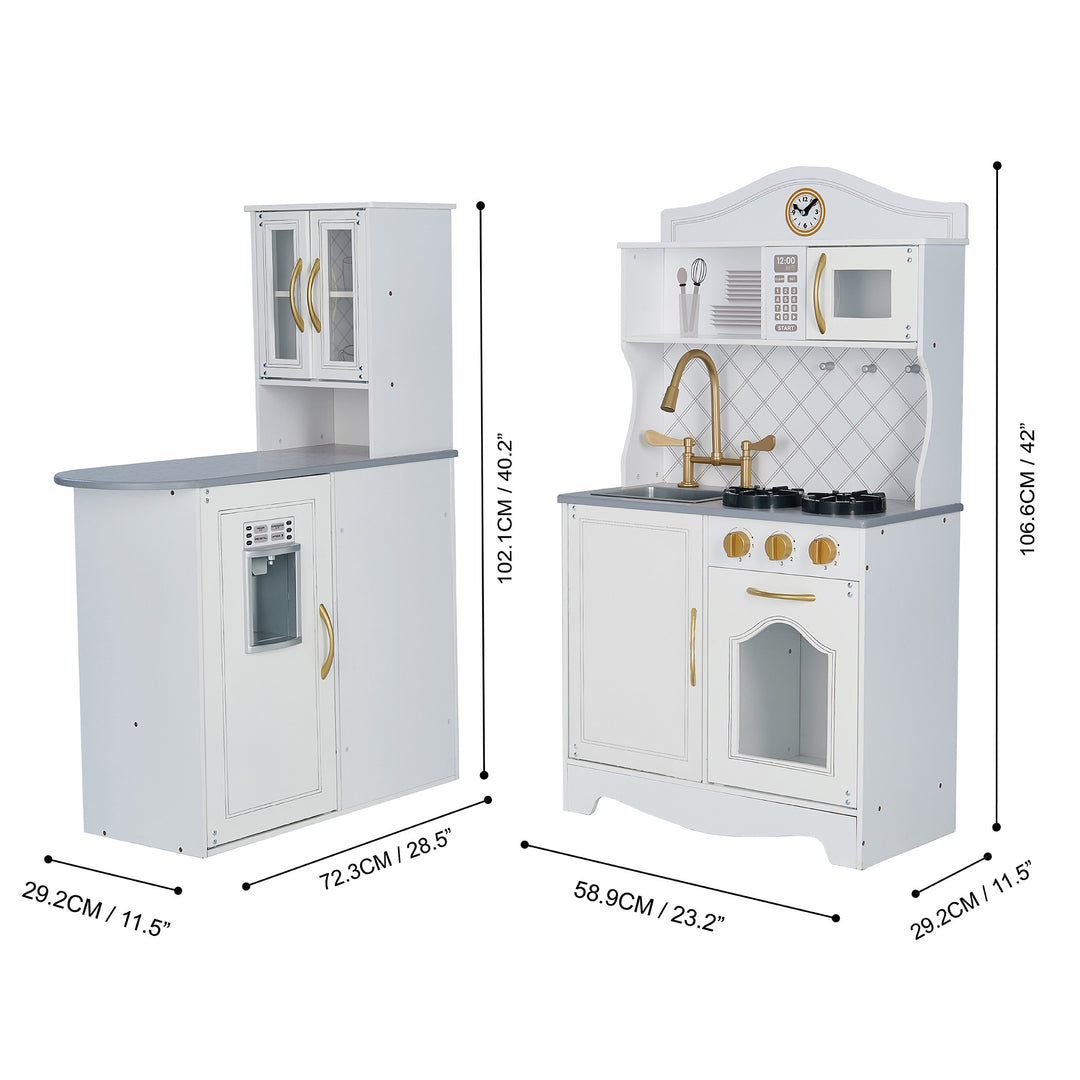 Teamson Kids Little Chef Upper East Retro Play Kitchen with Effects, White children's realistic play kitchen set with dimensions in inches and centimeters.