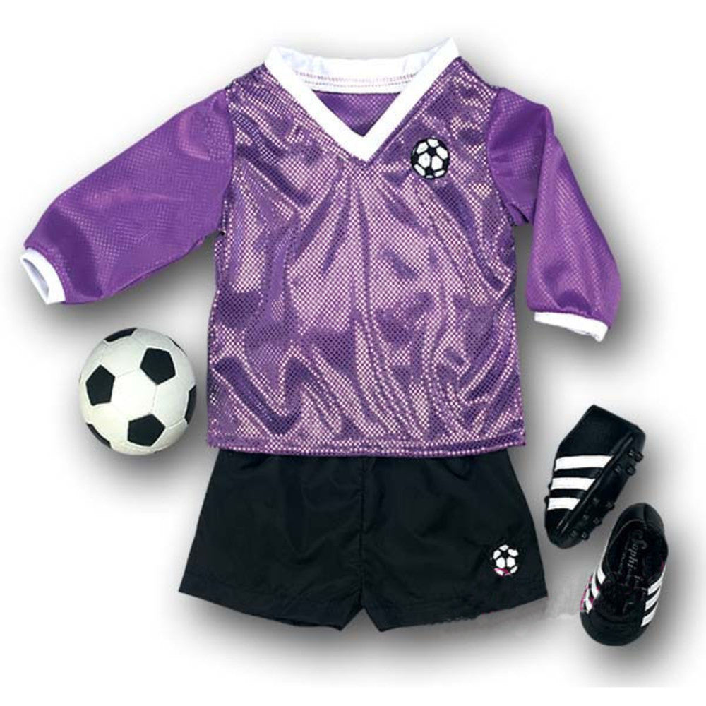 Purple soccer jersey, black shorts, soccer ball, and black cleats for 18" doll.