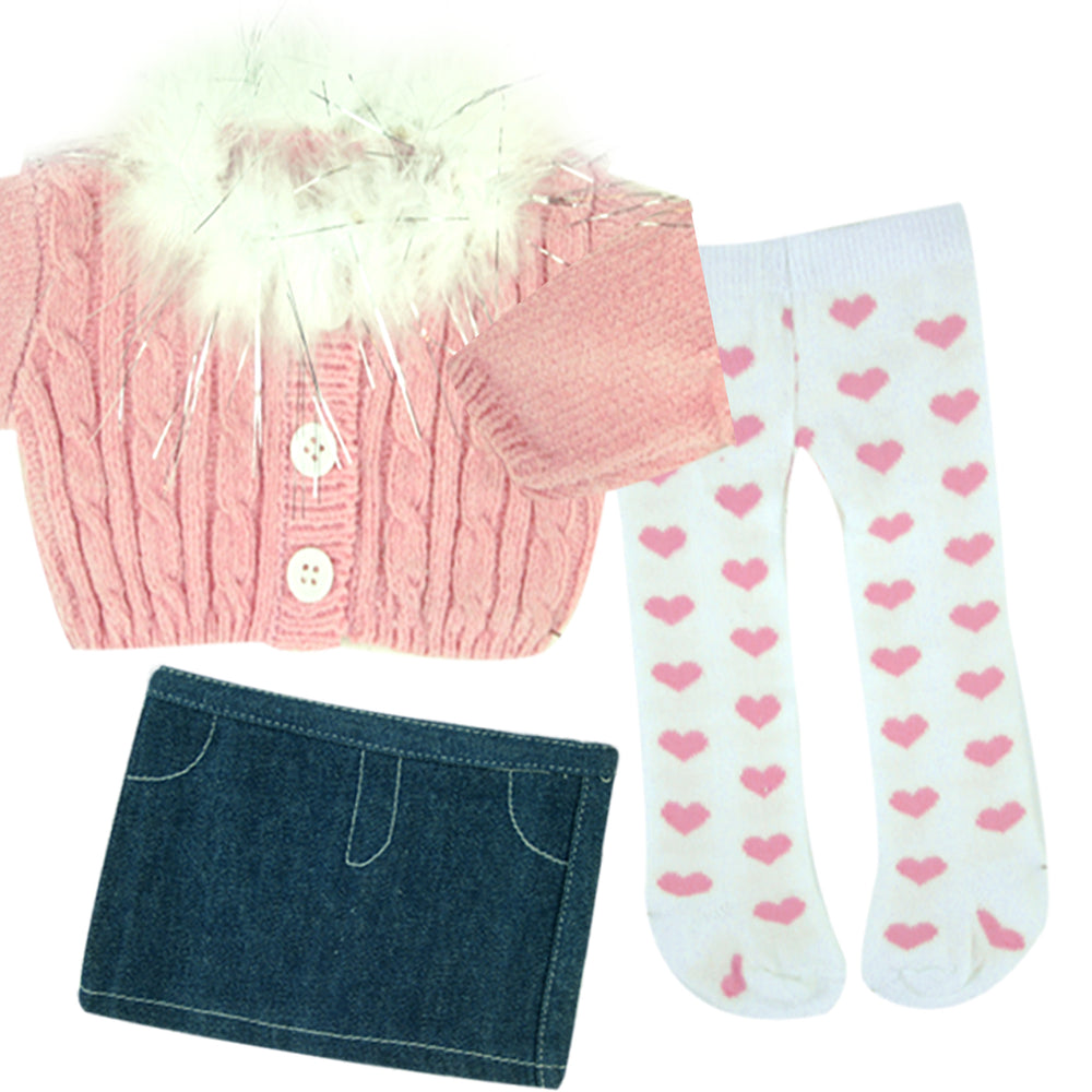 Sophia's 3 Piece Feather Trim Sweater Outfit Set for 18'' Dolls, Pink