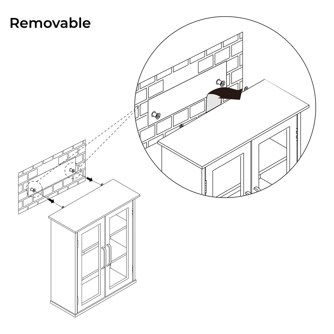 Exploded view illustration showing the removal process of a Teamson Home Avery Wooden 2 Door Wall Cabinet with Storage, Oiled Oak from its storage hinges.