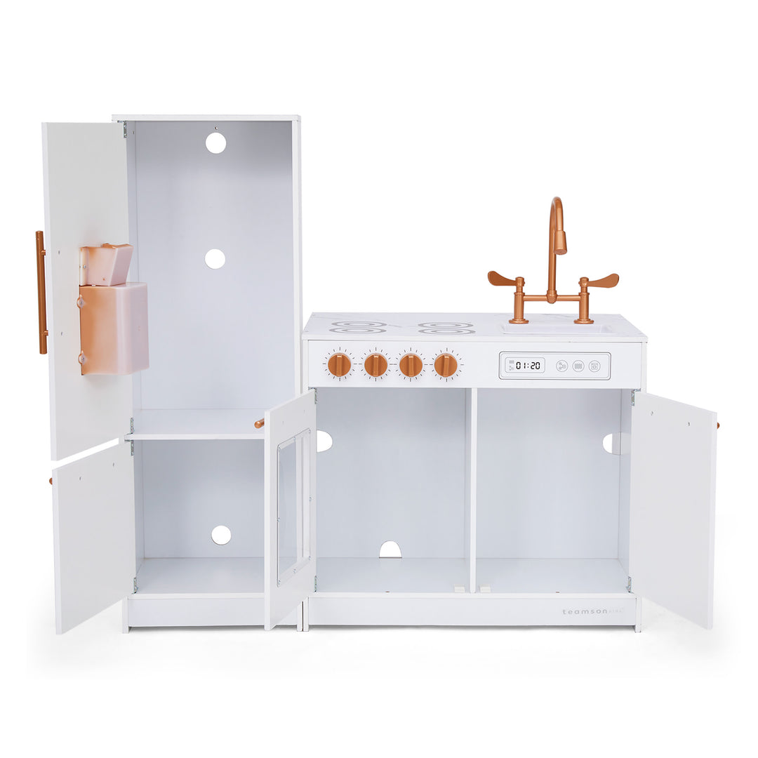 Little Chef Milano Two-Piece Modular Modern Delight Play Kitchen with Cooking Accessories, Faux Marble Finish, & Rose Gold Hardware, White