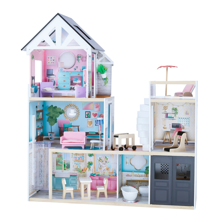 A side view of the dollhouse with views of the panels on the left side.