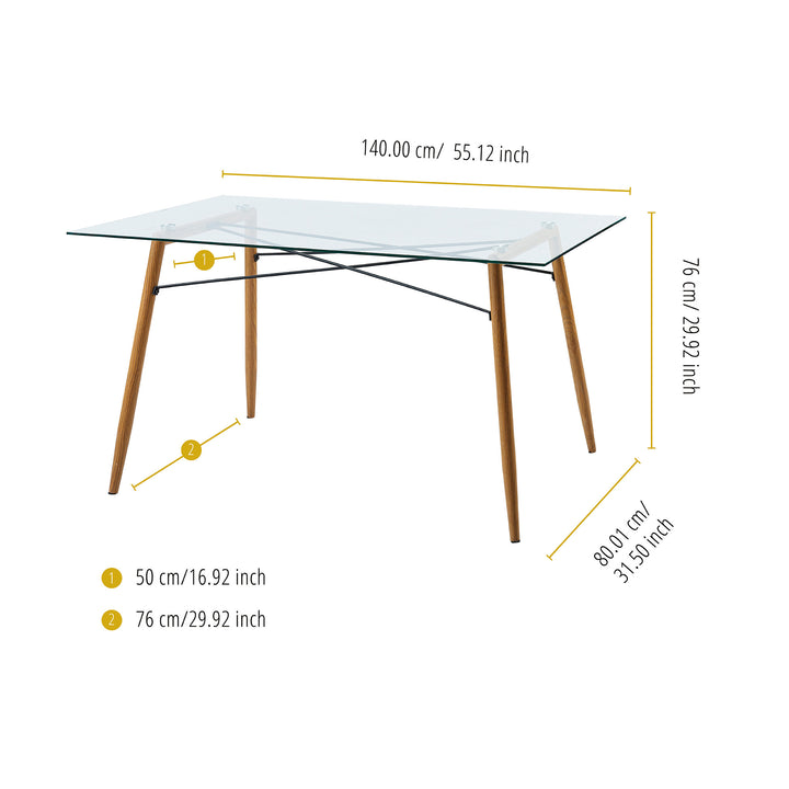Dimensions in inches and centimeters of the Teamson Home Minimalist Glass Top Dining Table with Wood Base, Natural with a glass top and wooden legs