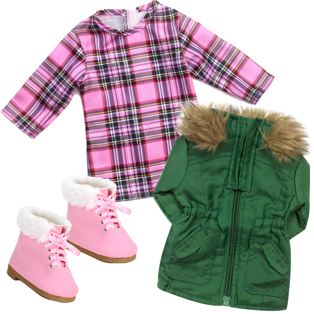 Sophia’s Complete Fall Outfit with Plaid Long-Sleeved Dress, faux fur-Trimmed Parka, & Lace-Up Booties for 18” Dolls, Pink/Green