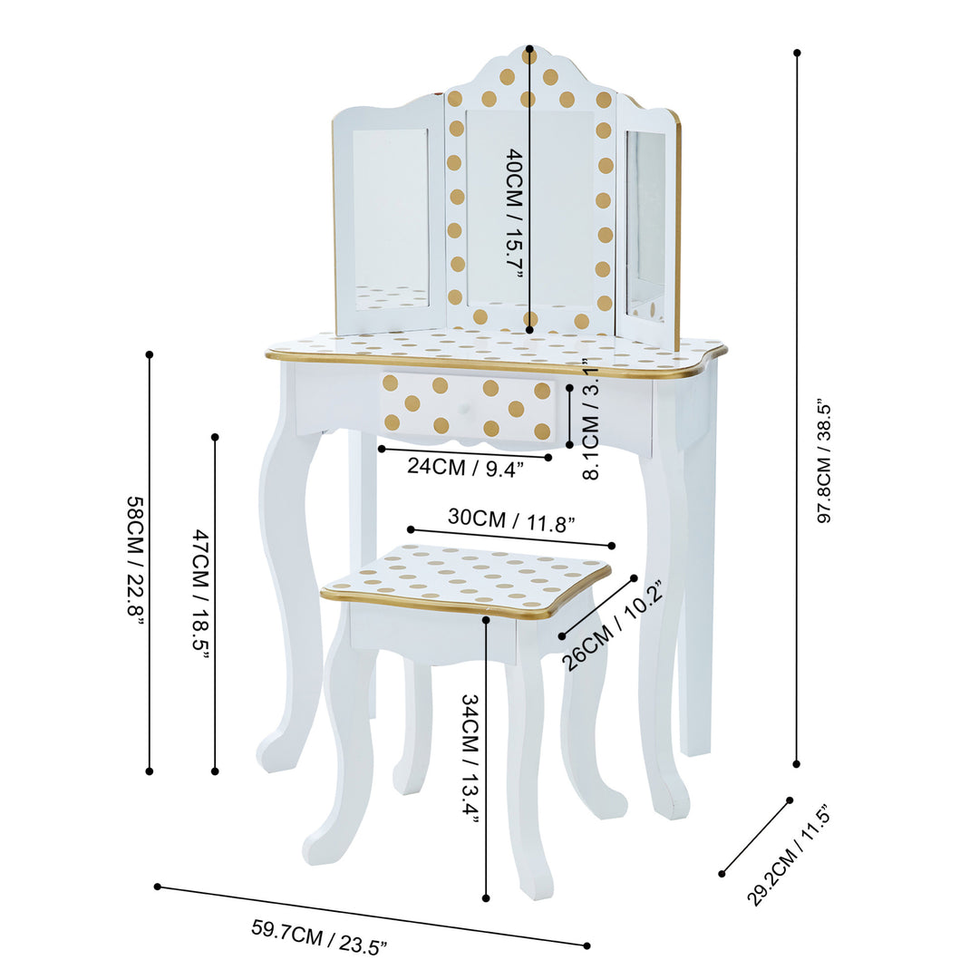 A Teamson Kids Gisele Polka Dot Vanity Playset, in white / gold with a stool.