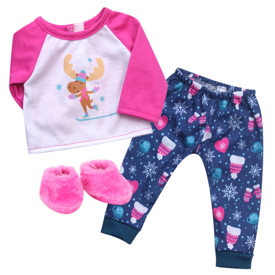 Sophia's Ice Skating Moose Graphic Tee, Winter Print Pajama Pants and Slippers for 15" Baby Dolls, Pink/Blue