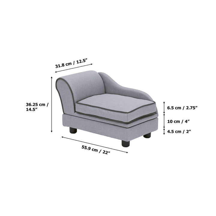 The dimensions in inches and centimeters for the Teamson Pets Chaise Lounge Dog Bed with Storage for Cats & Extra-Small Dogs, Gray