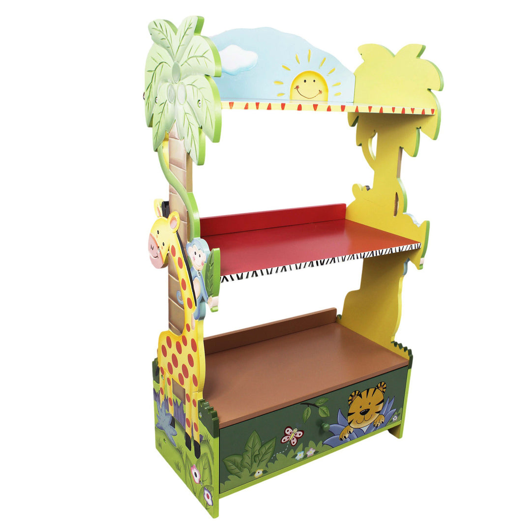 A colorful Fantasy Fields Kids Painted Wooden Sunny Safari Bookshelf with Storage Drawer, Multicolor with a cartoon design.