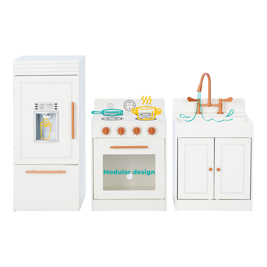 Three-piece Teamson Kids Little Chef Paris Complete Kitchen Playset, White/Rose Gold including a refrigerator, stove, and sink with realistic details.