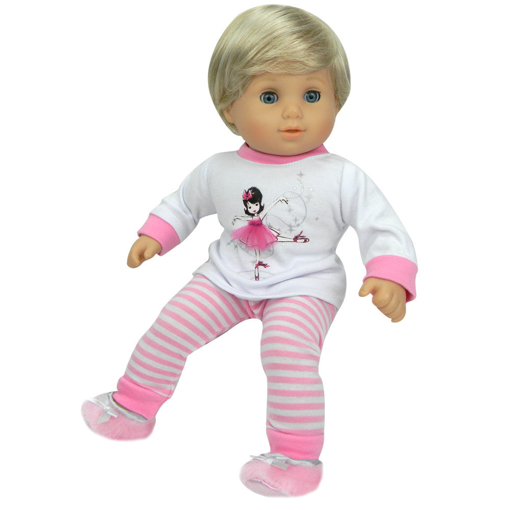 Sophia's - 15" Doll - Ballerina Print Pj's & Slippers Set - Light Pink