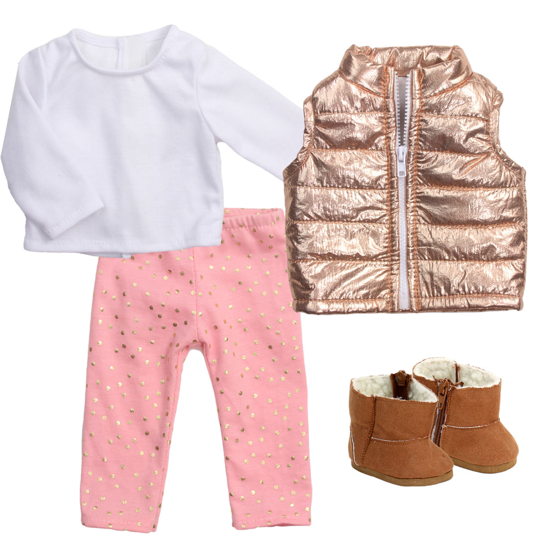 Sophia’s Metallic Zip-Up Vest, Peach Leggings with Gold Polka Dots, White Long-Sleeved T-Shirt, & Ugg-Inspired Booties Complete Outfit Set for 18” Dolls, Gold