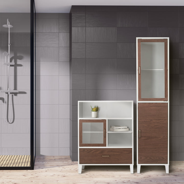 A Teamson Home Tyler Modern Linen Storage Cabinet with Two Doors, Walnut/White in a gray bathroom