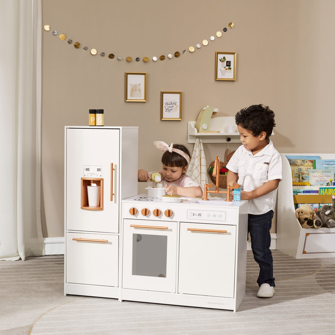 Little Chef Milano Two-Piece Modular Modern Delight Play Kitchen with Cooking Accessories, Faux Marble Finish, & Rose Gold Hardware, White