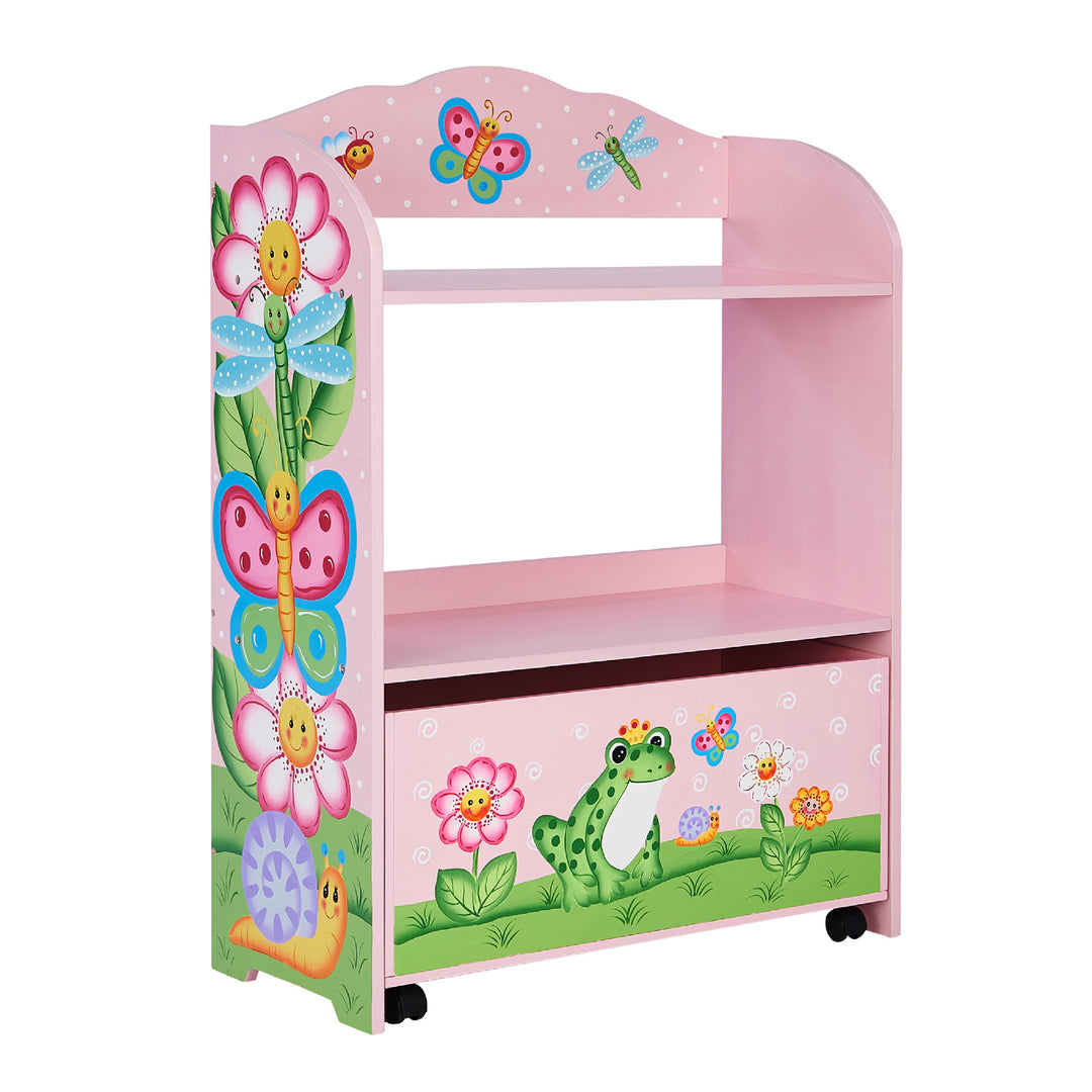 A Fantasy Fields Magic Garden Kids Wooden Toy Organizer with Rolling Storage Box in pink, featuring butterflies and flowers on it.