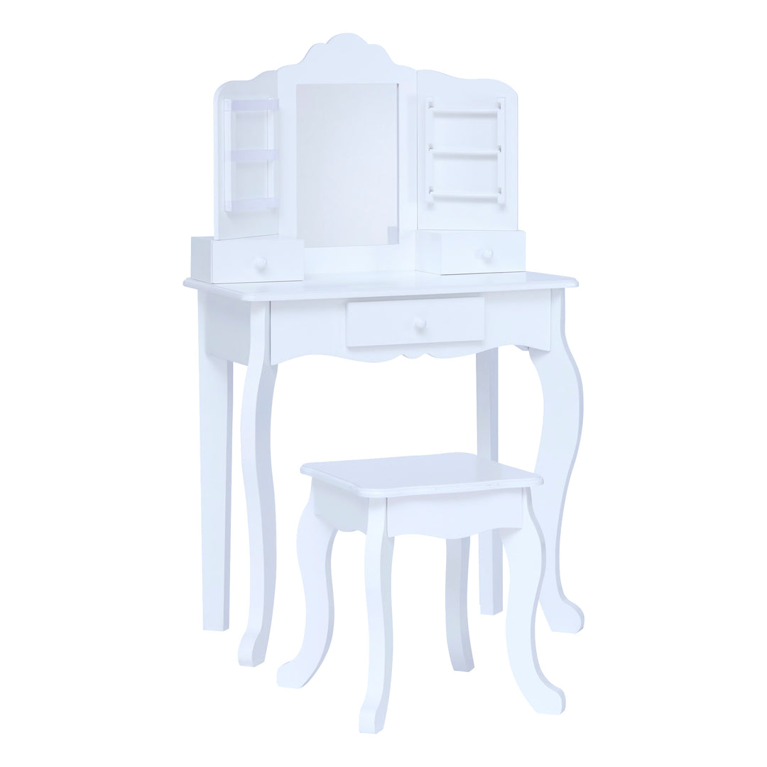 A white Fantasy Fields Little Princess Anna Vanity Set with Mirror, Drawers, Jewelry Storage, and Stool.