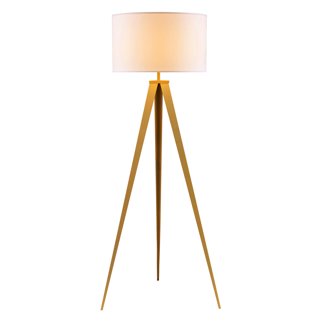 A Teamson Home Romanza 62" Postmodern Tripod Floor Lamp with Drum Shade, Matte Gold/White with a cylindrical shade and a tripod base.