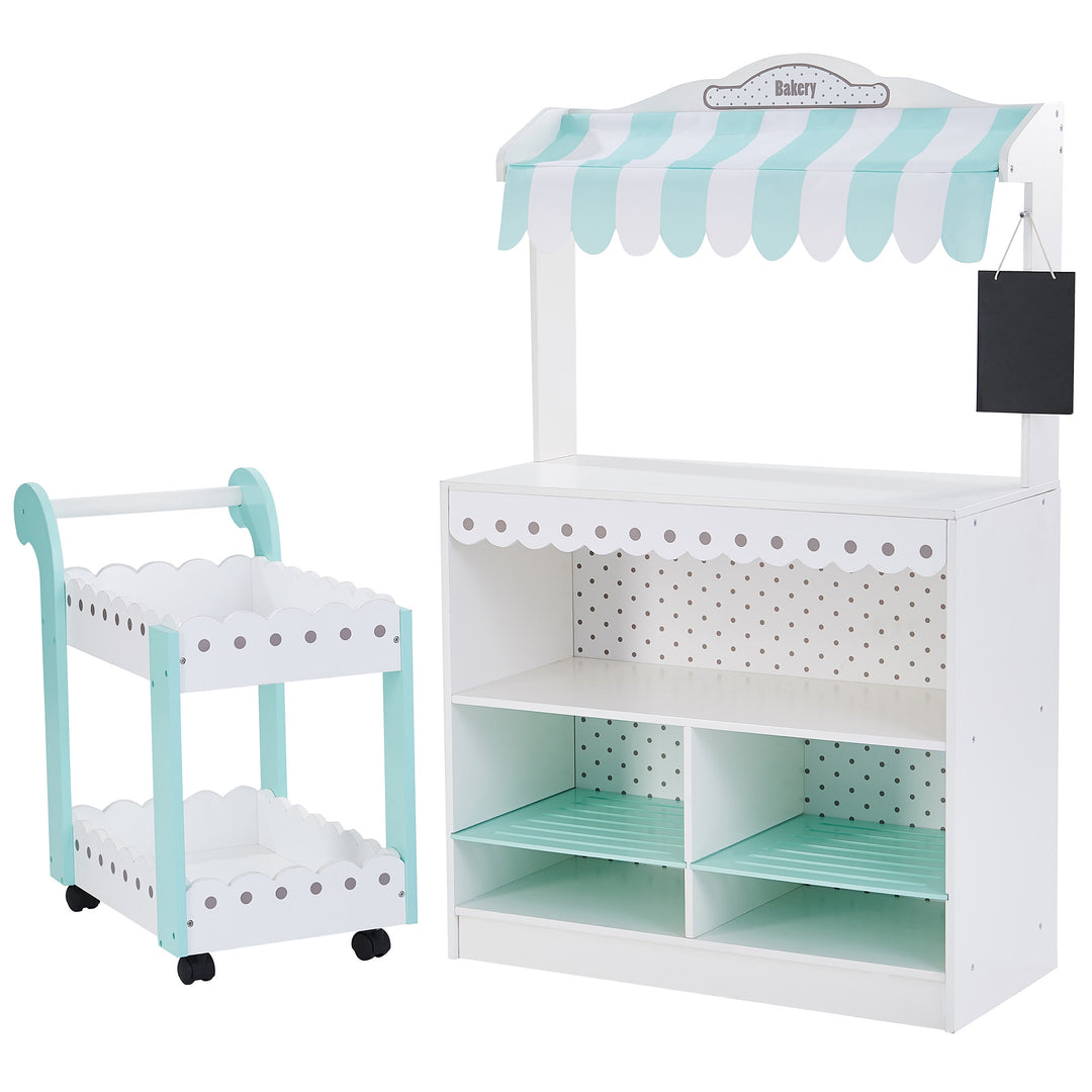 Image features the two pieces of furniture from the Teamson Kids My Dream Bakery Shop and Dessert Cart in White and Blue