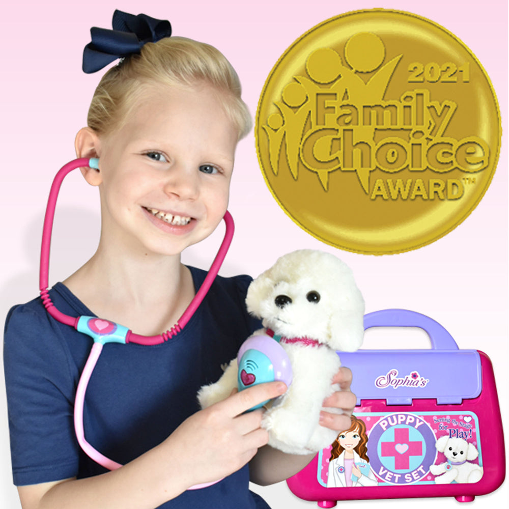 A little girl uses the stethoscope to "listen" the puppy's heart with the 2021 Family Choice Award badge on the picture.