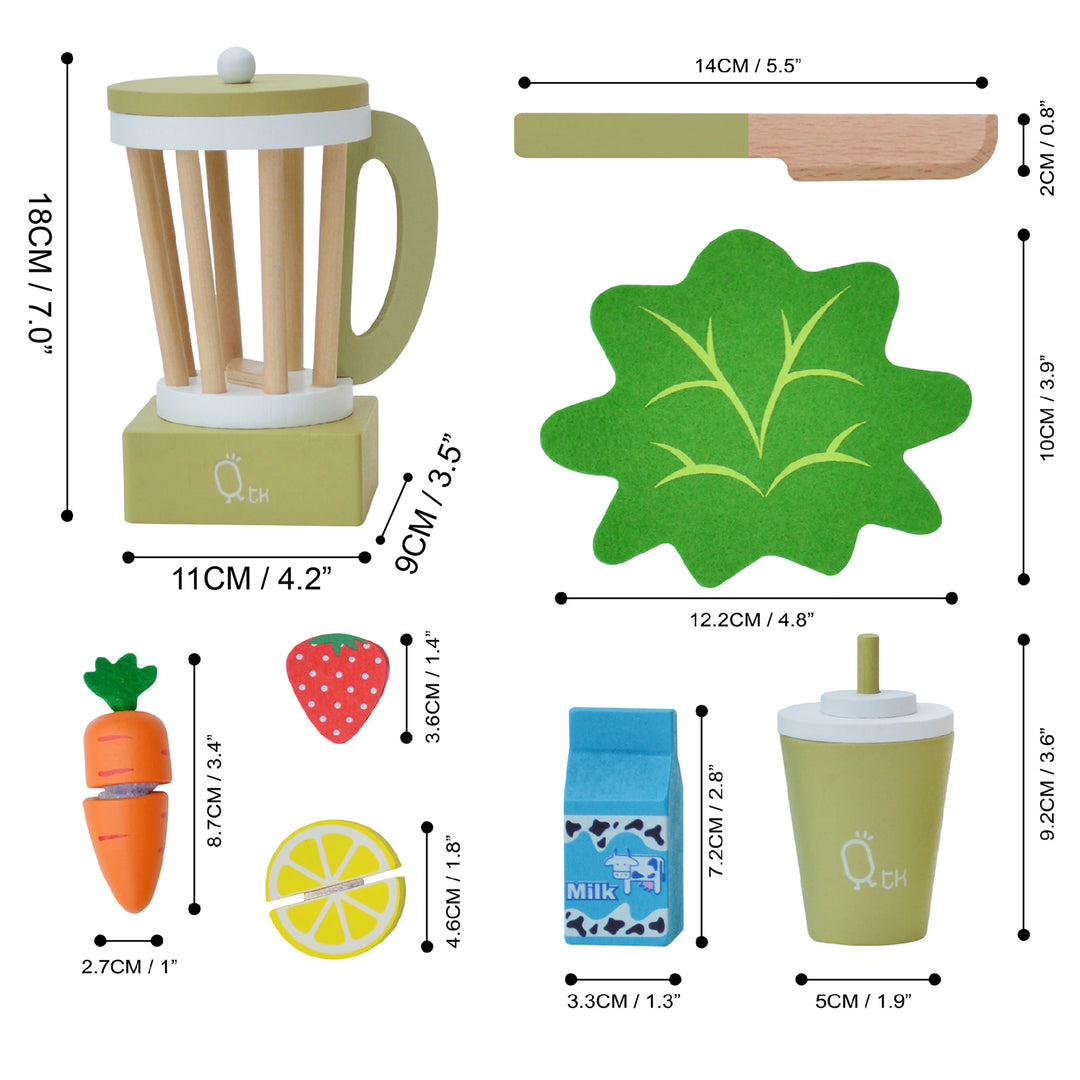 Assorted kitchen accessories and pretend ingredients with dimensions: Teamson Kids Little Chef Frankfurt Wooden Blender Play Kitchen Accessories, Green, spatula, leaf coaster, toy carrot, strawberry sponge, lemon coaster, milk carton timer, and a green lid container.