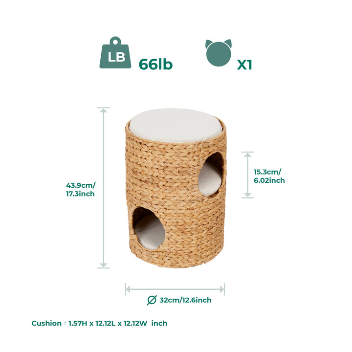 Teamson Pets Neith Wicker Seagrass 3-Tier Cat Bed Condo with Cushions, Tan/Cream