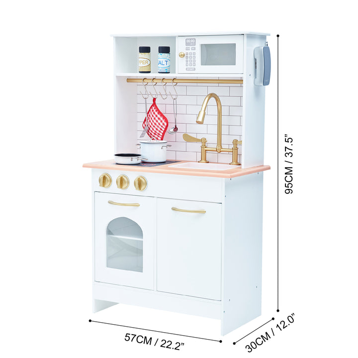 Teamson Kids Little Chef Boston Classic Play Kitchen & Cookware, White with dimensions labeled in centimeters and inches..