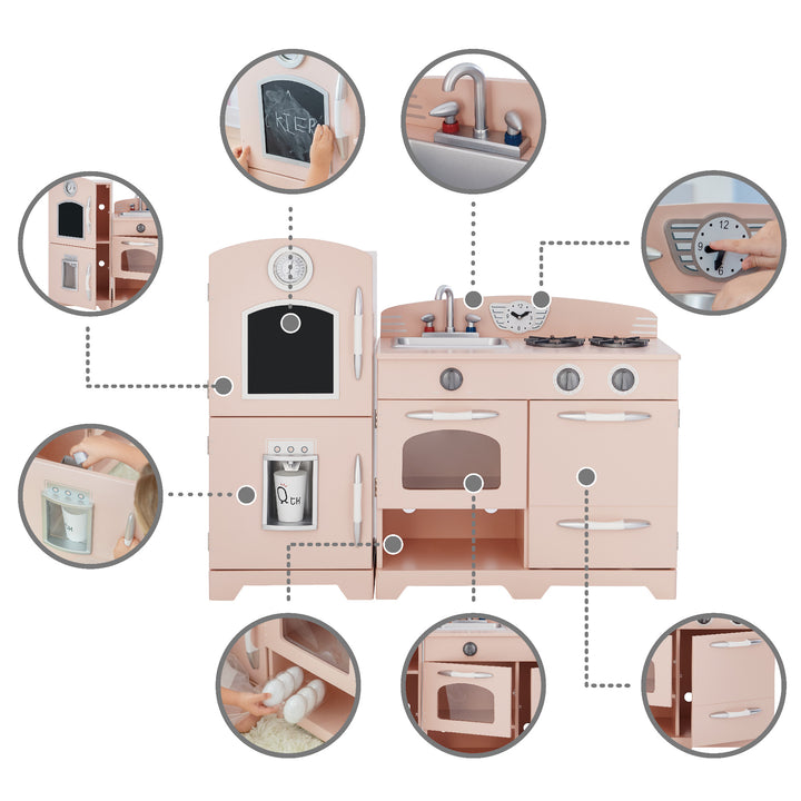 Image of a Teamson Kids Little Chef Fairfield Retro Kids Kitchen Playset with Refrigerator, highlighting various interactive features and accessories.