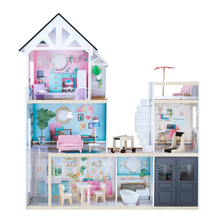 A view of the dollhouse with the garage door closed and the white panel on the second floor.