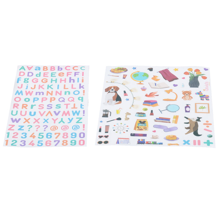 Two sheets of stickers - one of letters and numbers, and one of accessories for the house.