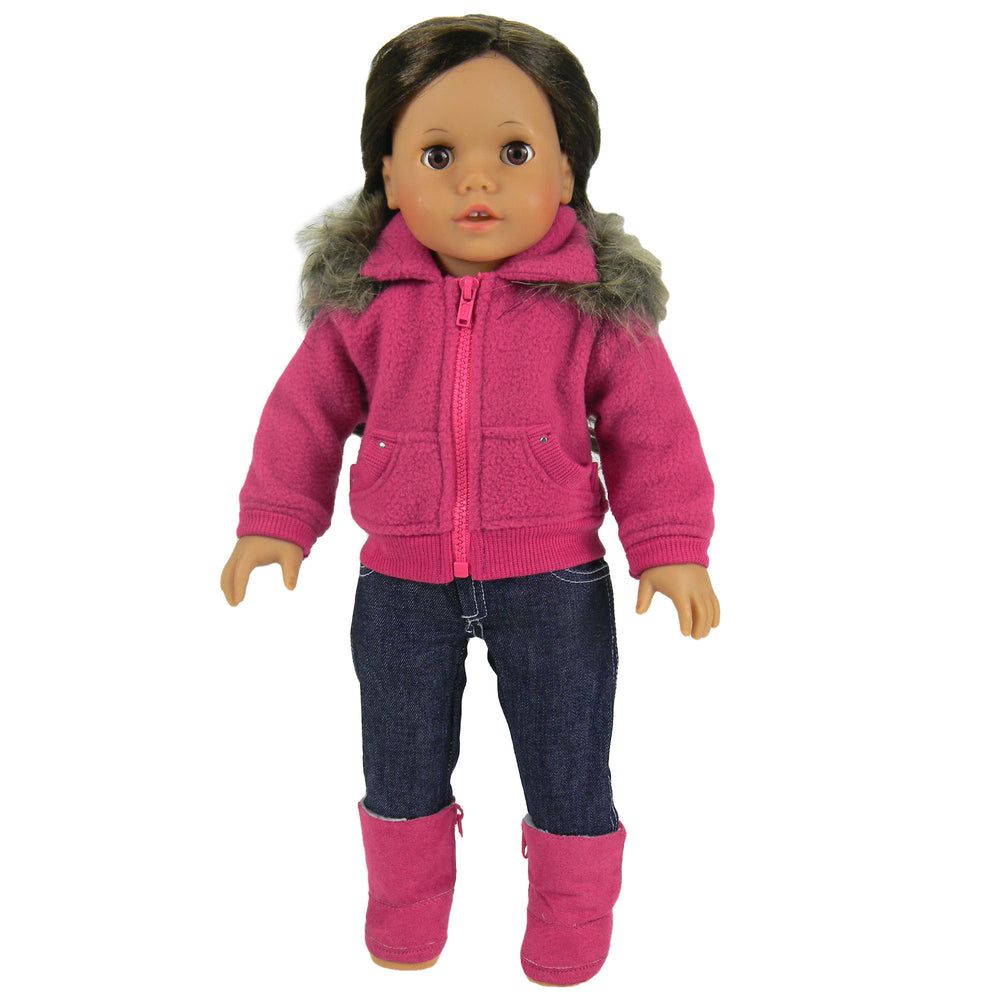 Sophia's Fleece Zip Up Sweatshirt with Faux faux fur Collar for 18" Dolls, Hot Pink