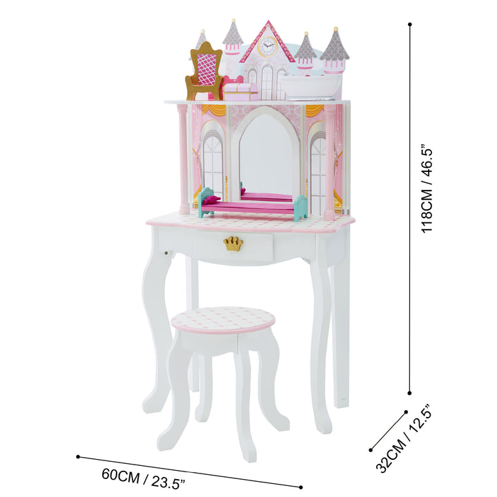 The dimensions in inches and centimeters of the pink and white Fantasy Fields Kids Dreamland Castle Vanity Set with Chair and Accessories, White/Pink.