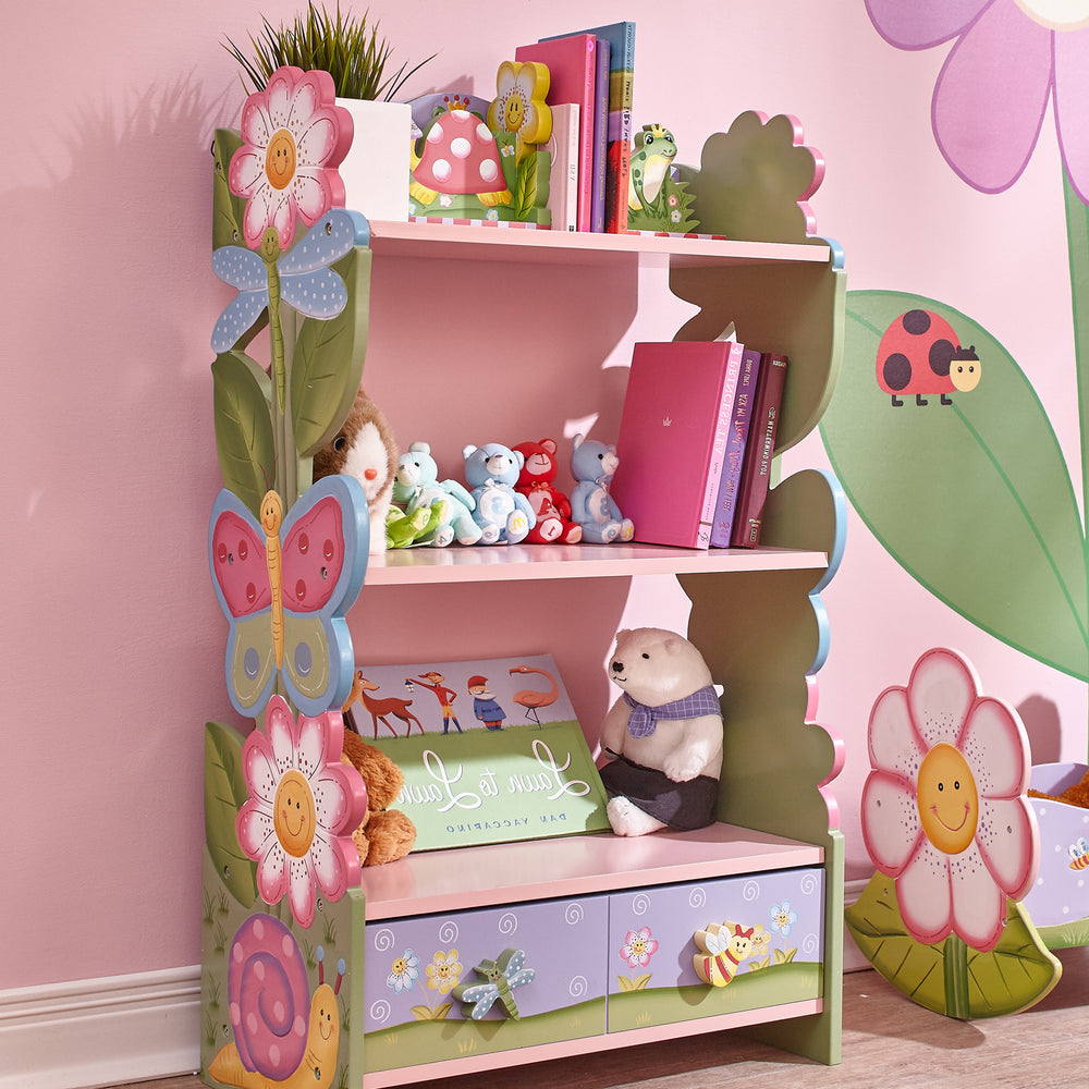 A colorful bookshelf with books, stuffed animals and other trinkets on the shelves in a pink bedroom.